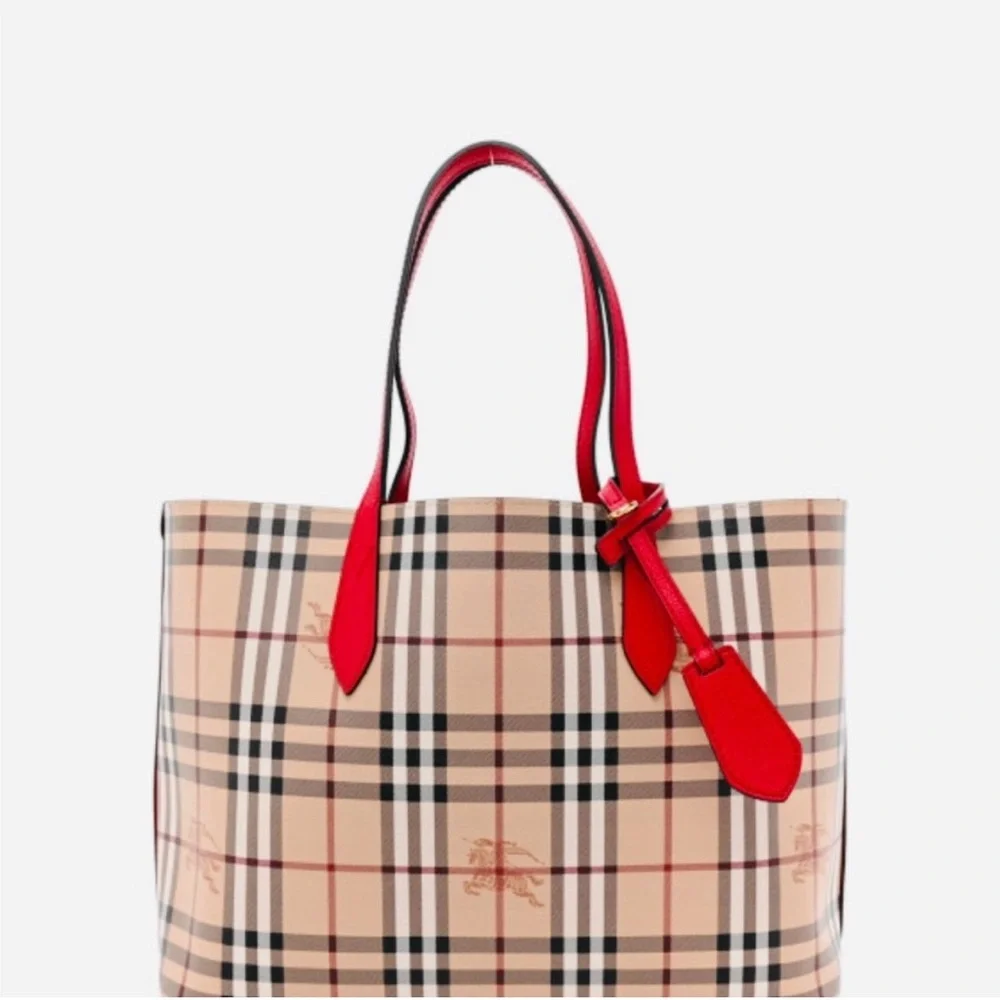 BURBERRY Reversible Haymarket Check Tote Red Leather & Plaid Dust Bag & Charm - Picture 13 of 14